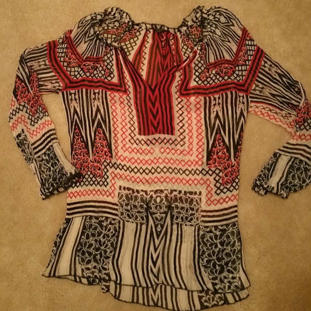 #123 Lucky Red & Blue Patterned Long Sleeve Blouse